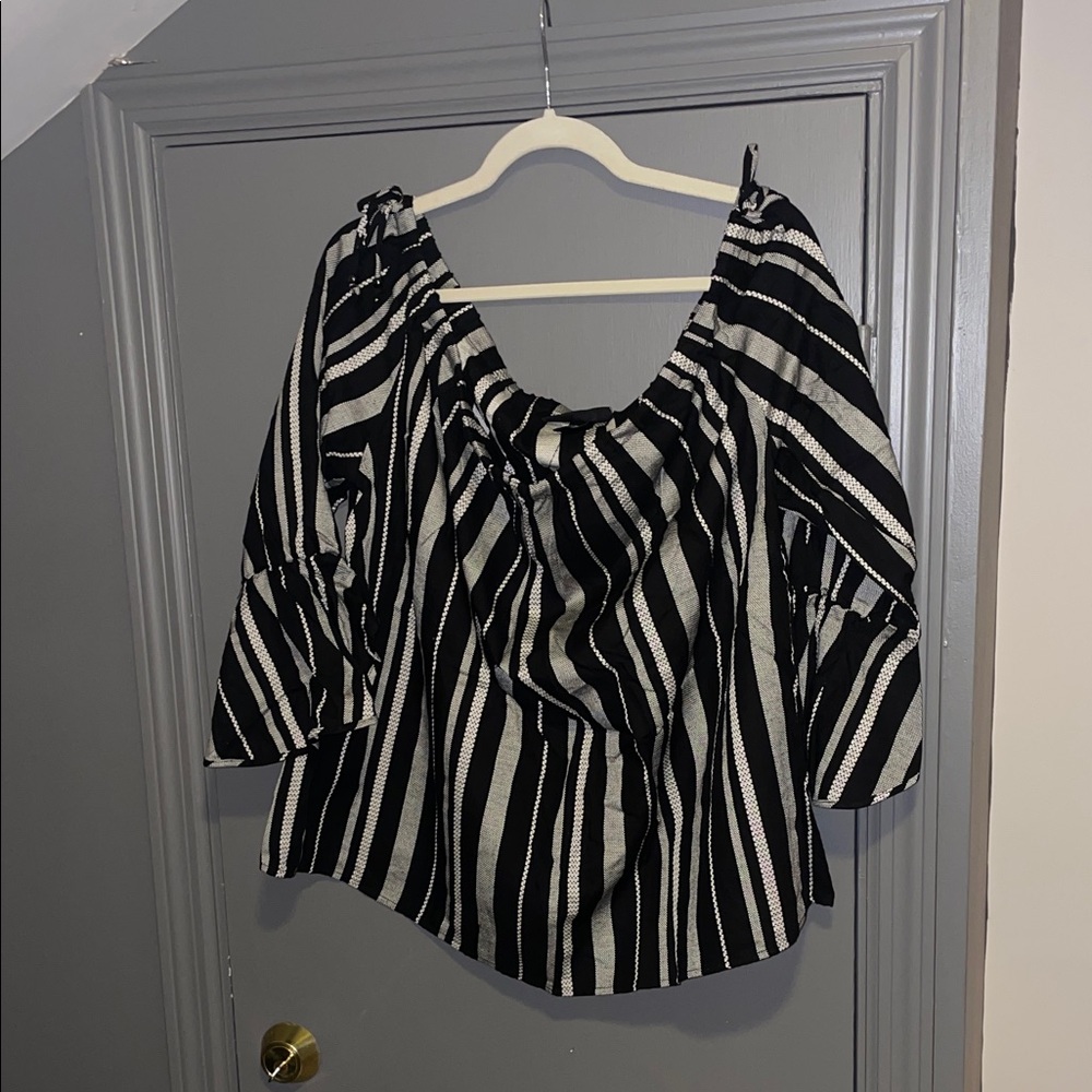 Lane Bryant Black and White Striped Off-Shoulder Blouse